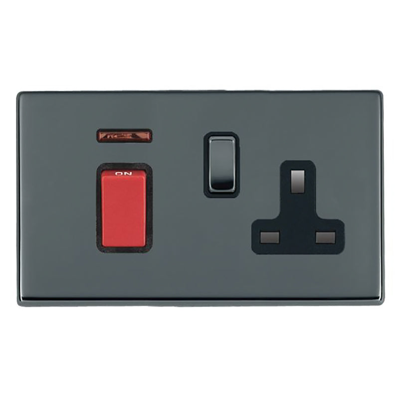 Hartland G2 7G2845SS1BK-B 45A Double Pole Red Rocker + Neon + 13A Switched Socket Black Nickel with Red+Black Nickel/Black Inserts