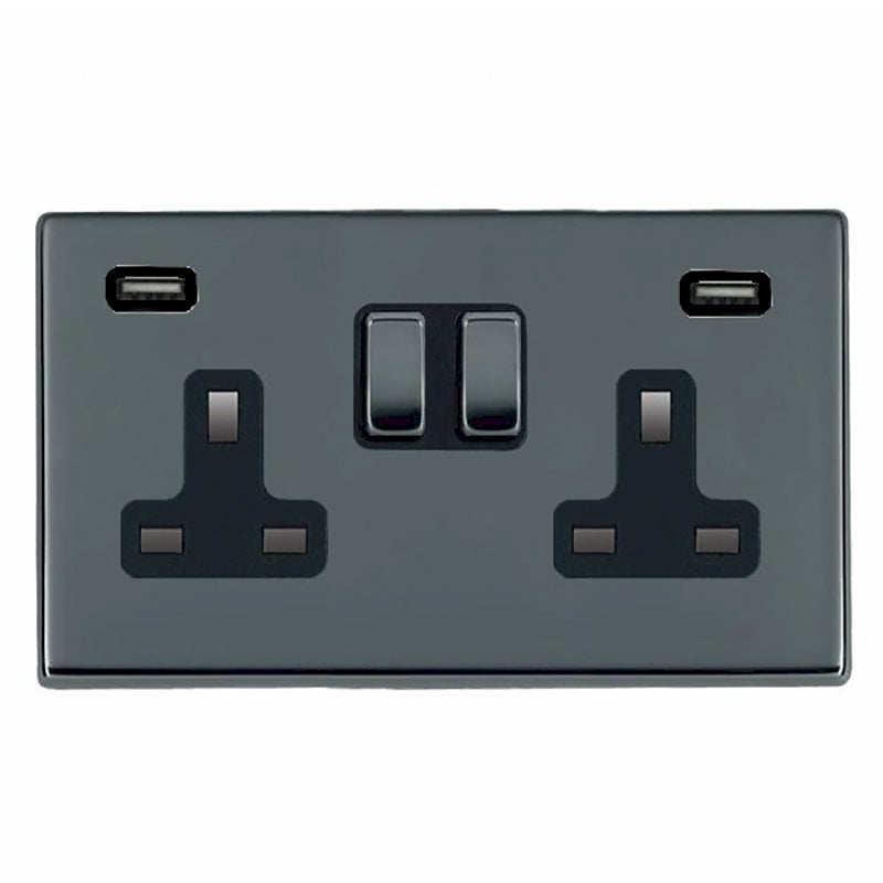 Hartland G2 7G28SS2USBULTBK-B 2 gang 13A Double Pole Switched Socket with 2 USB Outlets 2x2.4A (4.8A Total) Black Nickel with Black Nickel/Black Inserts
