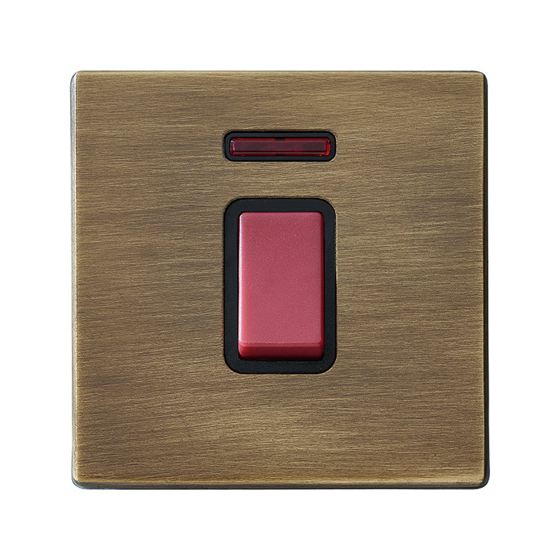 Hartland G2 7G2945NB 1 gang 45A Double Pole Red Rocker + Neon Antique Brass with Red/Black Inserts