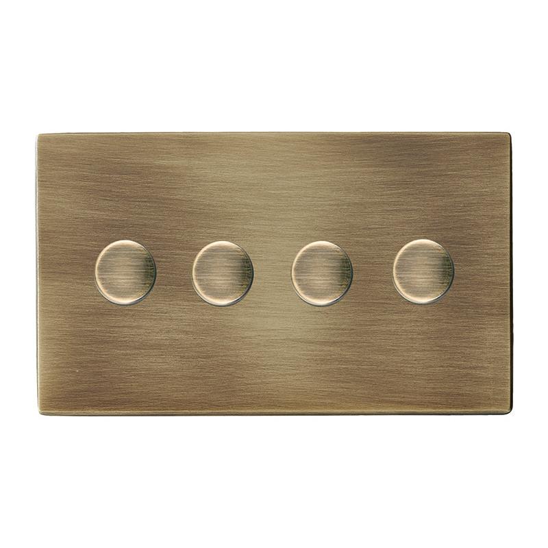 Hartland G2 7G294XLEDITB250 4 gang 250W LED Trailing/Leading Edge Push On/Off Rotary 2 Way Switching Dimmer Antique Brass with Antique Brass Inserts