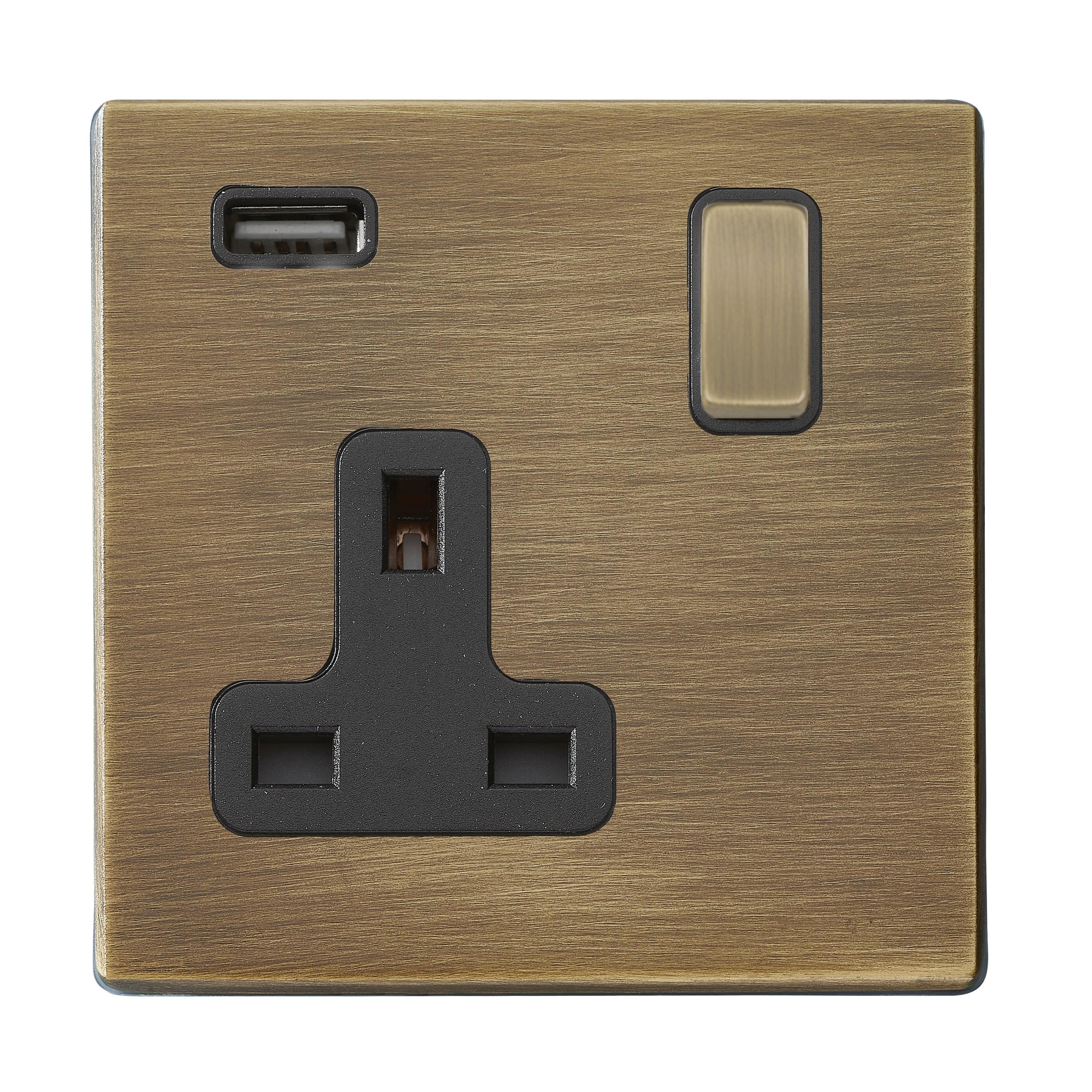 Hartland G2 7G29SS1USBAB-B 1 gang 13A Single Pole Switched Socket with 1 USB Outlet 1x2.1A Antique Brass with Antique Brass/Black Inserts
