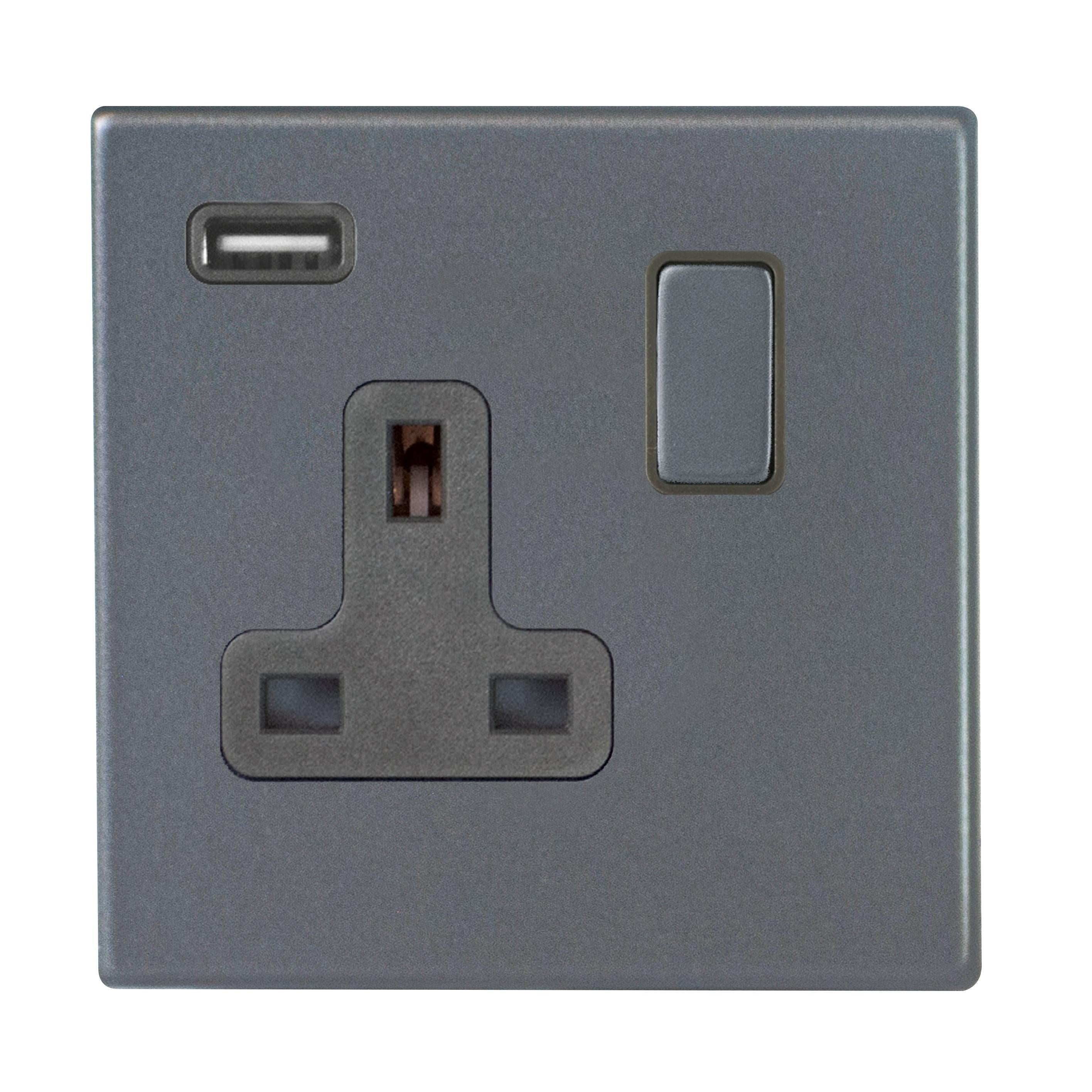 Hartland G2 7G2ASS1USBGA-QG 1 gang 13A Single Pole Switched Socket with 1 USB Outlet 1x2.1A Anthra Gray with Anthra Gray/Quartz Grey Inserts