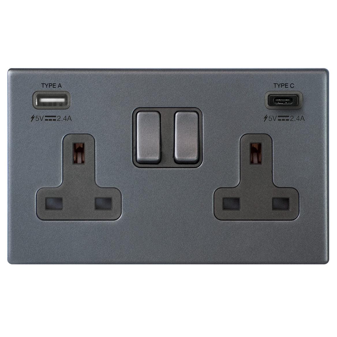 Hartland G2 7G2ASS2USBCGA-QG 2 gang 13A Double Pole Switched Socket with 1 USB Outlet + 1 USB Type C Outlet 2x2.4A (4.8A Total) Anthra Gray with Anthra Gray/Quartz Grey Inserts