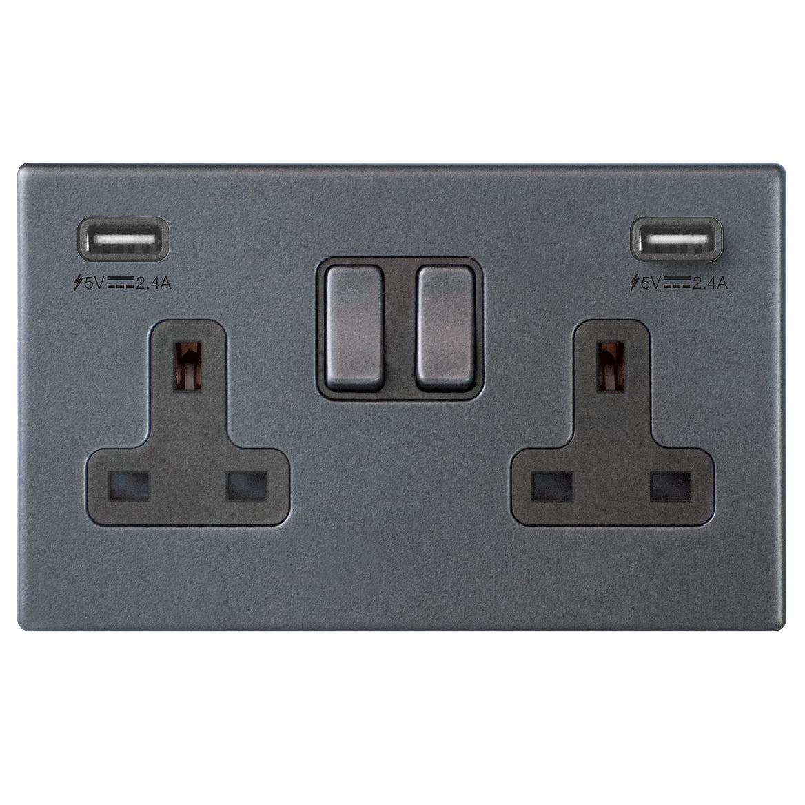 Hartland G2 7G2ASS2USBULTGA-QG 2 gang 13A Double Pole Switched Socket with 2 USB Outlets 2x2.4A (4.8A Total) Anthra Gray with Anthra Gray/Quartz Grey Inserts