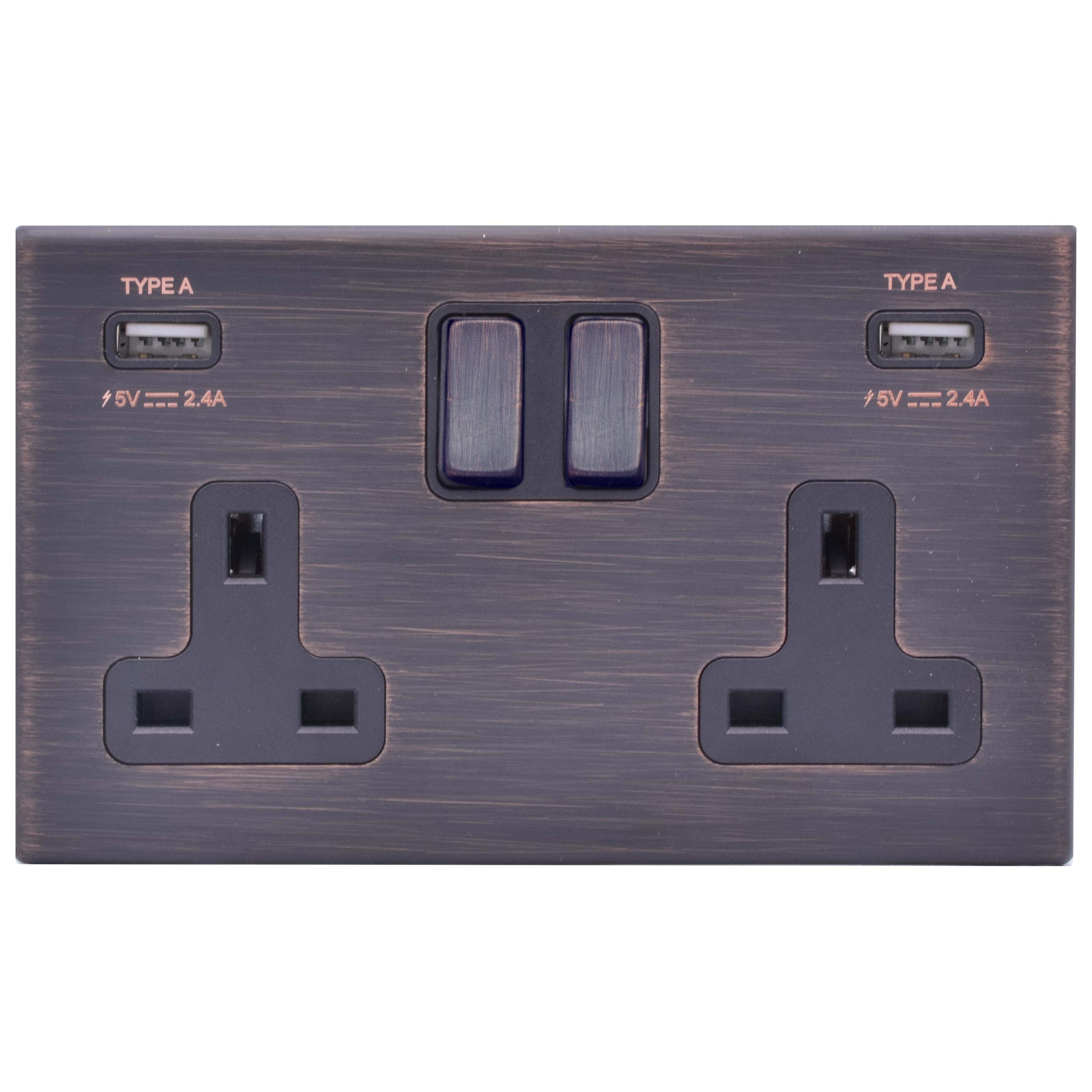 Hartland G2 7G2EBSS2USBULTEB-B 2 gang 13A Double Pole Switched Socket with 2 USB Outlets 2x2.4A (4.8A Total) Etrium Bronze with Etrium Bronze/Black Inserts
