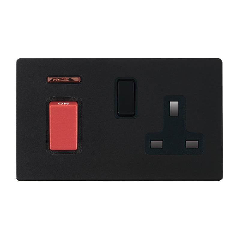 Hartland G2 7G2MB45SS1BL-B 45A Double Pole Red Rocker + Neon + 13A Switched Socket Matt Black with Red+Black/Black Inserts