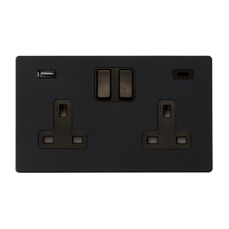 Hartland G2 7G2MBSS2USBCBL-B 2 gang 13A Double Pole Switched Socket with 1 USB Outlet + 1 USB Type C Outlet 2x2.4A (4.8A Total) Matt Black with Black/Black Inserts