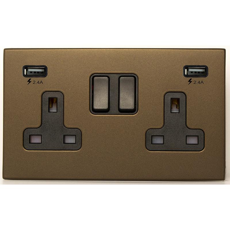 Hartland G2 7G2RBSS2USBULTBL-B 2 gang 13A Double Pole Switched Socket with 2 USB Outlets 2x2.4A (4.8A Total) Richmond Bronze with Black/Black Inserts