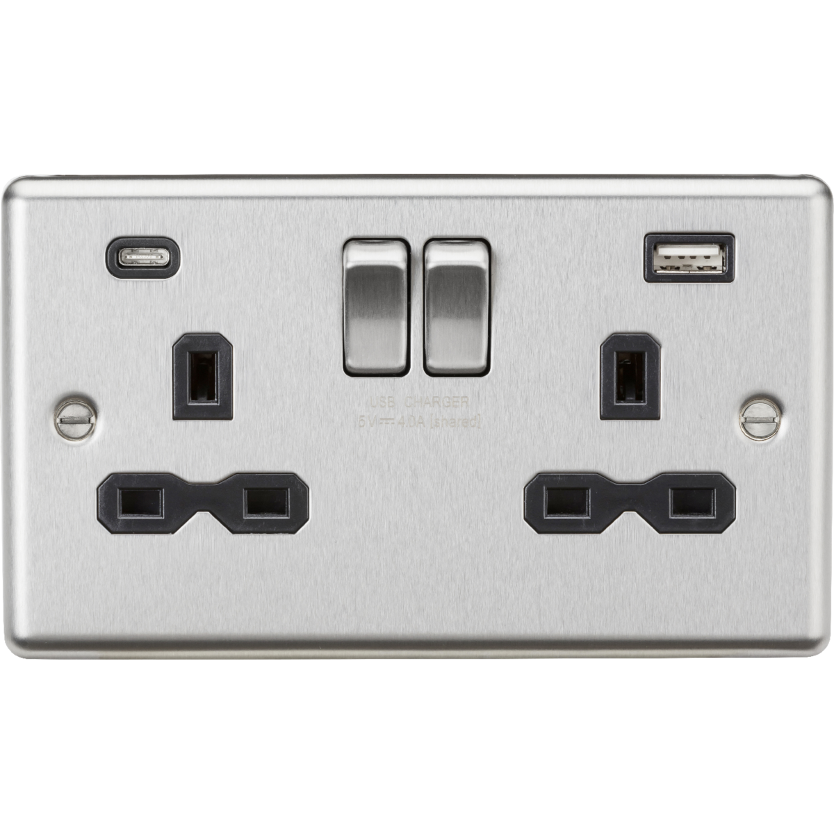 Knightsbridge CL9940BC 13A 2G SP Switched Socket with dual USB C+A 5V DC 4.0A Brushed Chrome with black insert