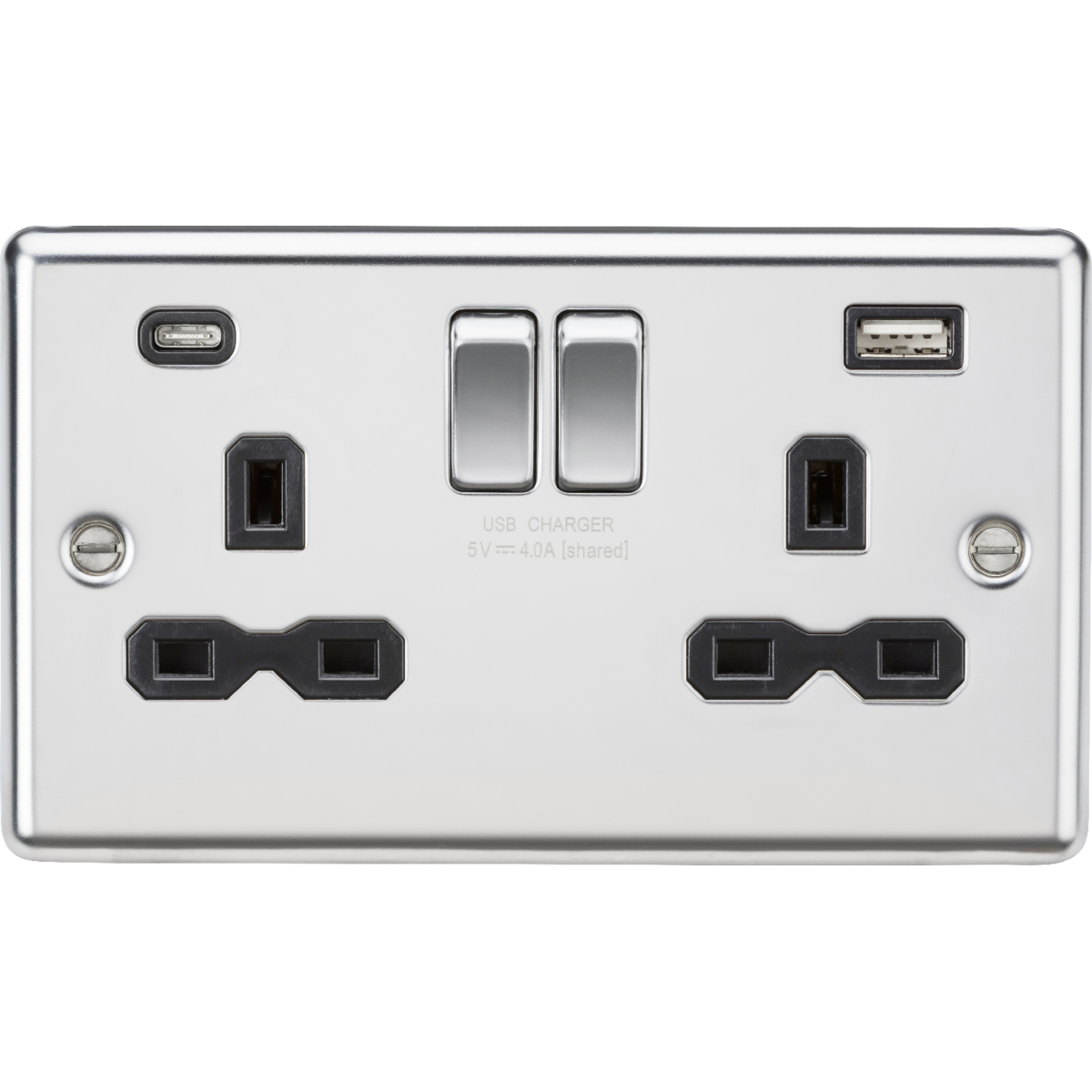 Knightsbridge CL9940PC 13A 2G SP Switched Socket with dual USB C+A 5V DC 4.0A Polished Chrome with black insert