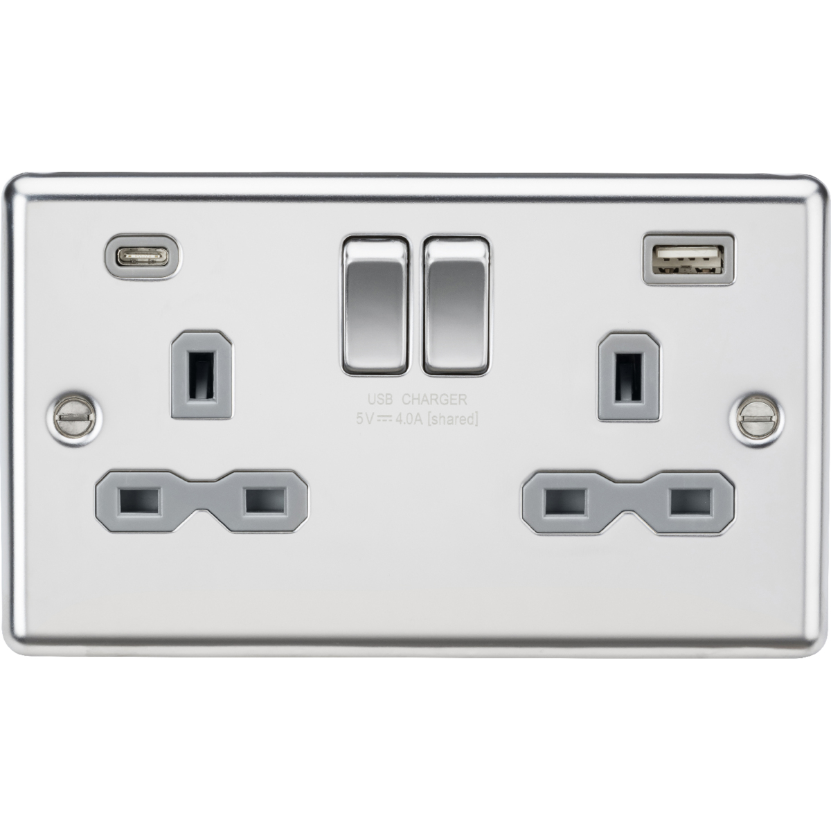 Knightsbridge CL9940PCG 13A 2G SP Switched Socket with dual USB C+A 5V DC 4.0A Polished Chrome with grey insert