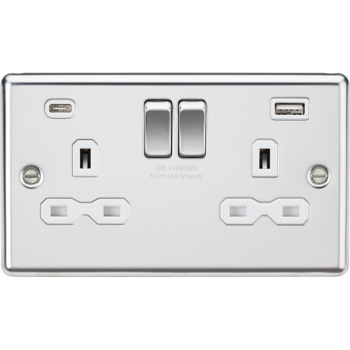 Knightsbridge CL9940PCW 13A 2G SP Switched Socket with dual USB C+A 5V DC 4.0A Polished Chrome with white insert