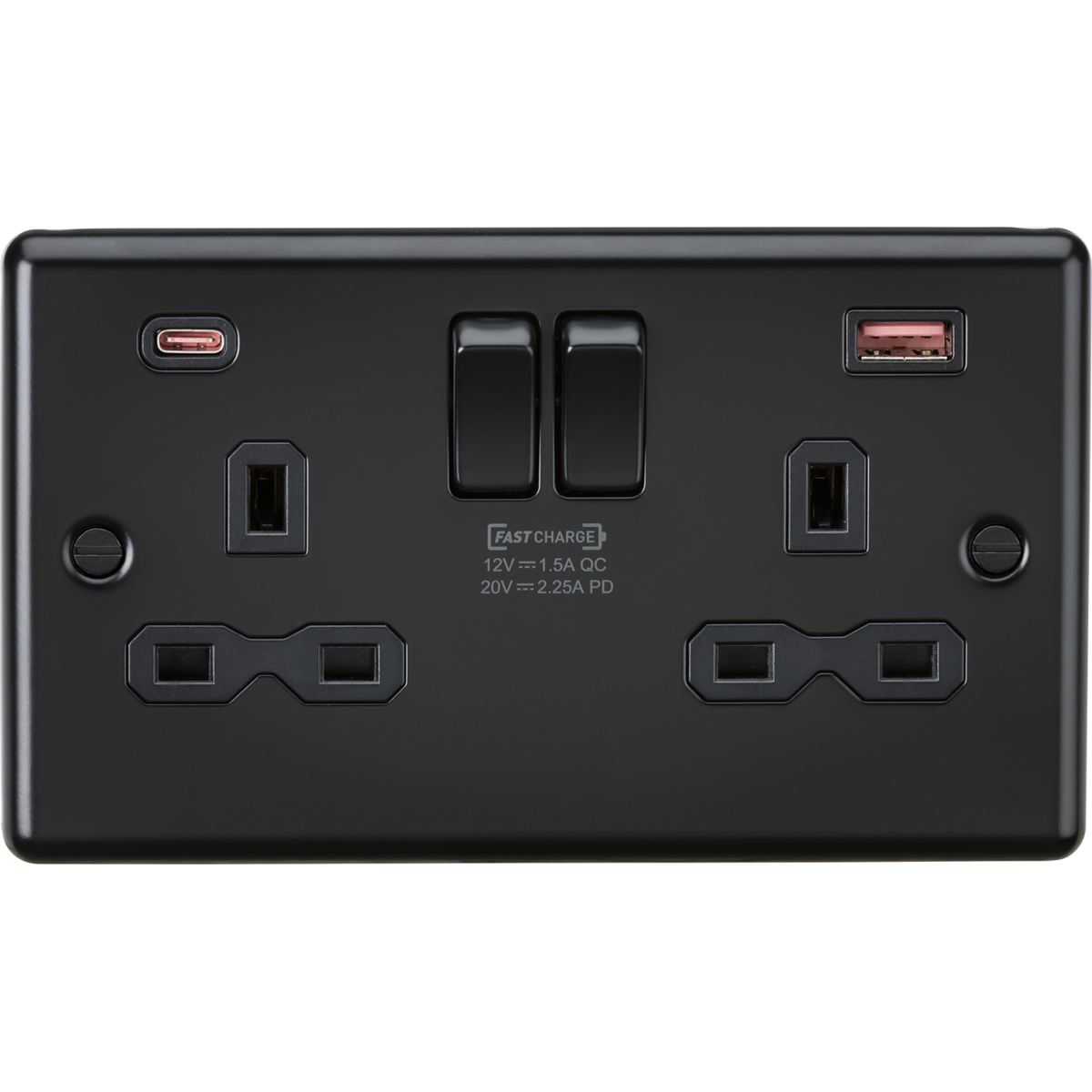 Knightsbridge CL9945MBB 13A 2G DP Switched Socket with Dual USB A+C 20V DC 2.25A (Max. 45W) Matt Black with Black Insert