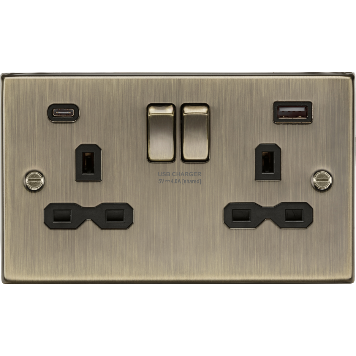 Knightsbridge CS9940AB 13A 2G SP Switched Socket with Dual USB A+C (5V DC 4.0A shared) Antique Brass with Black Insert