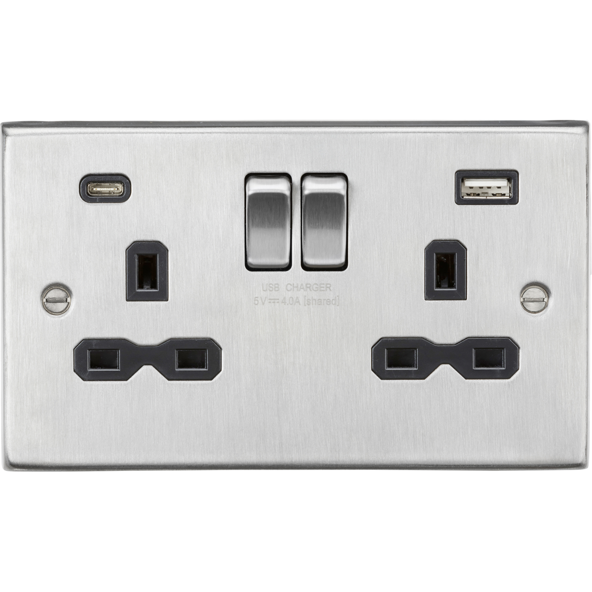Knightsbridge CS9940BC 13A 2G SP Switched Socket with Dual USB A+C (5V DC 4.0A shared) Brushed Chrome with Black Insert