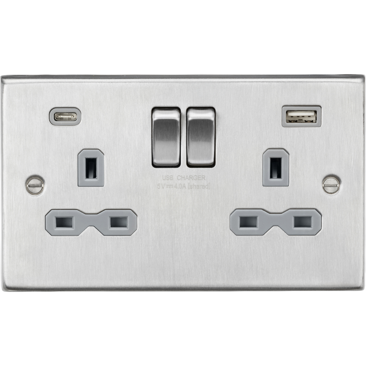 Knightsbridge CS9940BCG 13A 2G SP Switched Socket with Dual USB A+C (5V DC 4.0A shared) Brushed Chrome with Grey Insert