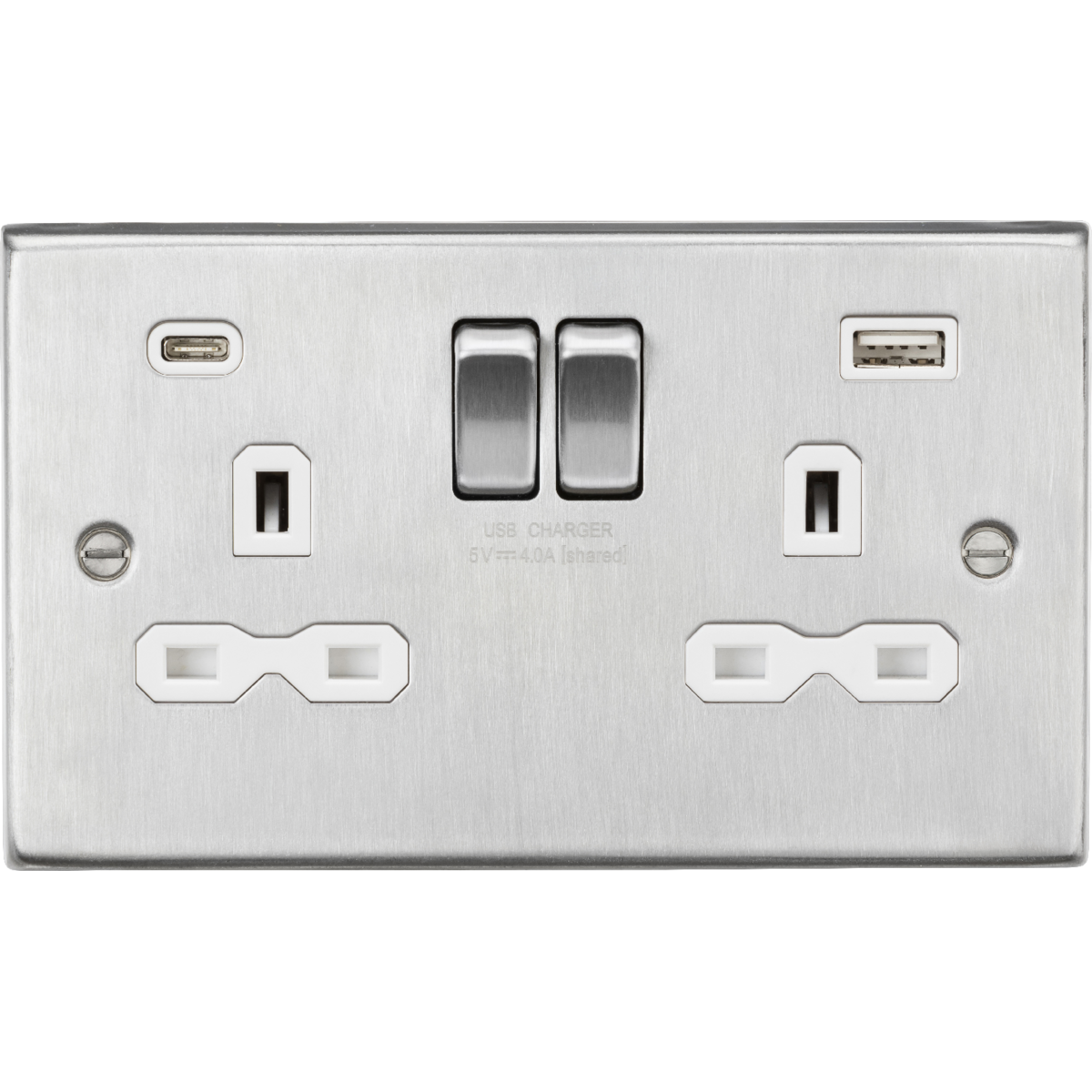 Knightsbridge CS9940BCW 13A 2G SP Switched Socket with Dual USB A+C (5V DC 4.0A shared) Brushed Chrome with White Insert