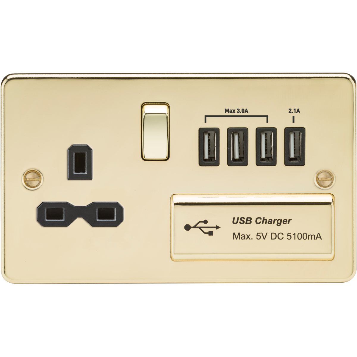 Knightsbridge FPR7USB4PB 13A Switched Socket with Quad USB-A (5V DC 5.1A shared) Polished Brass with Black Insert