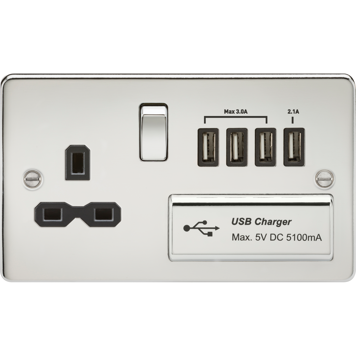 Knightsbridge FPR7USB4PC 13A Switched Socket with Quad USB-A (5V DC 5.1A shared) Polished Chrome with Black insert