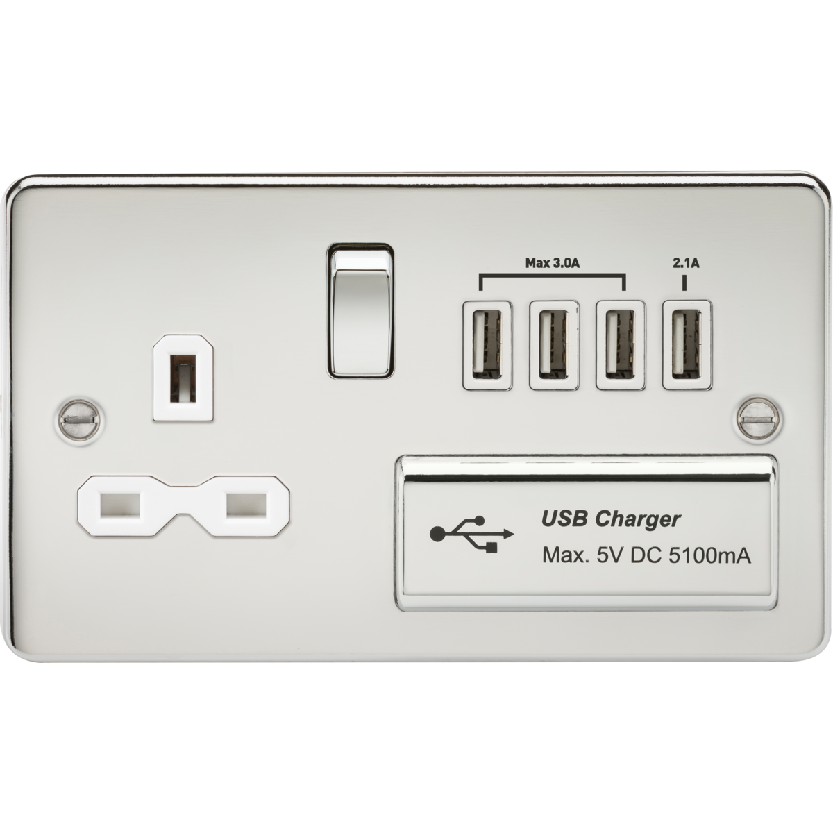 Knightsbridge FPR7USB4PCW 13A Switched Socket with Quad USB-A (5V DC 5.1A shared) Polished Chrome with White Insert