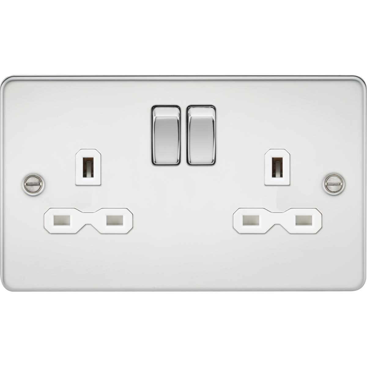 Knightsbridge FPR9000PCW 13A 2G DP Switched Socket with Twin Earths Polished Chrome with White Insert