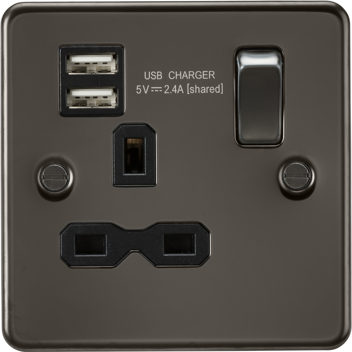 Knightsbridge FPR9124GM 13A 1G SP Switched Socket with Dual USB A+A (5V DC 2.4A shared) Gunmetal with Black Insert