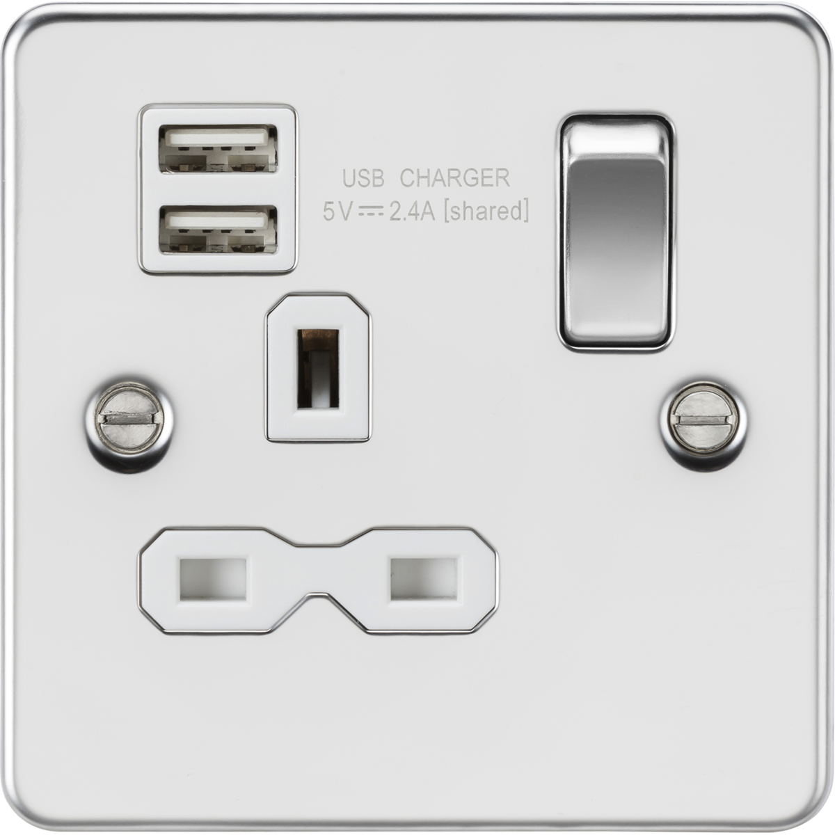 Knightsbridge FPR9124PCW 13A 1G SP Switched Socket with Dual USB A+A (5V DC 2.4A shared) Polished Chrome with White Insert