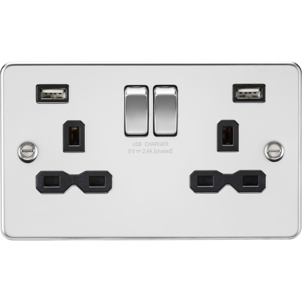 Knightsbridge FPR9224PC 13A 2G SP Switched Socket with Dual USB A+A (5V DC 2.4A shared) Polished Chrome with Black Insert
