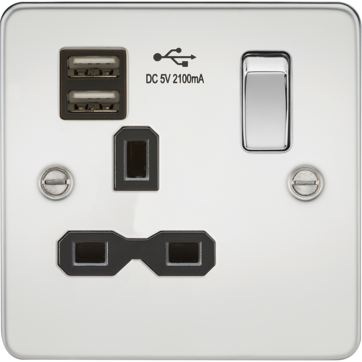 Knightsbridge FPR9901PC 13A 1G SP Switched Socket with Dual USB A+A (5V DC 2.1A shared) Polished Chrome with Black Insert