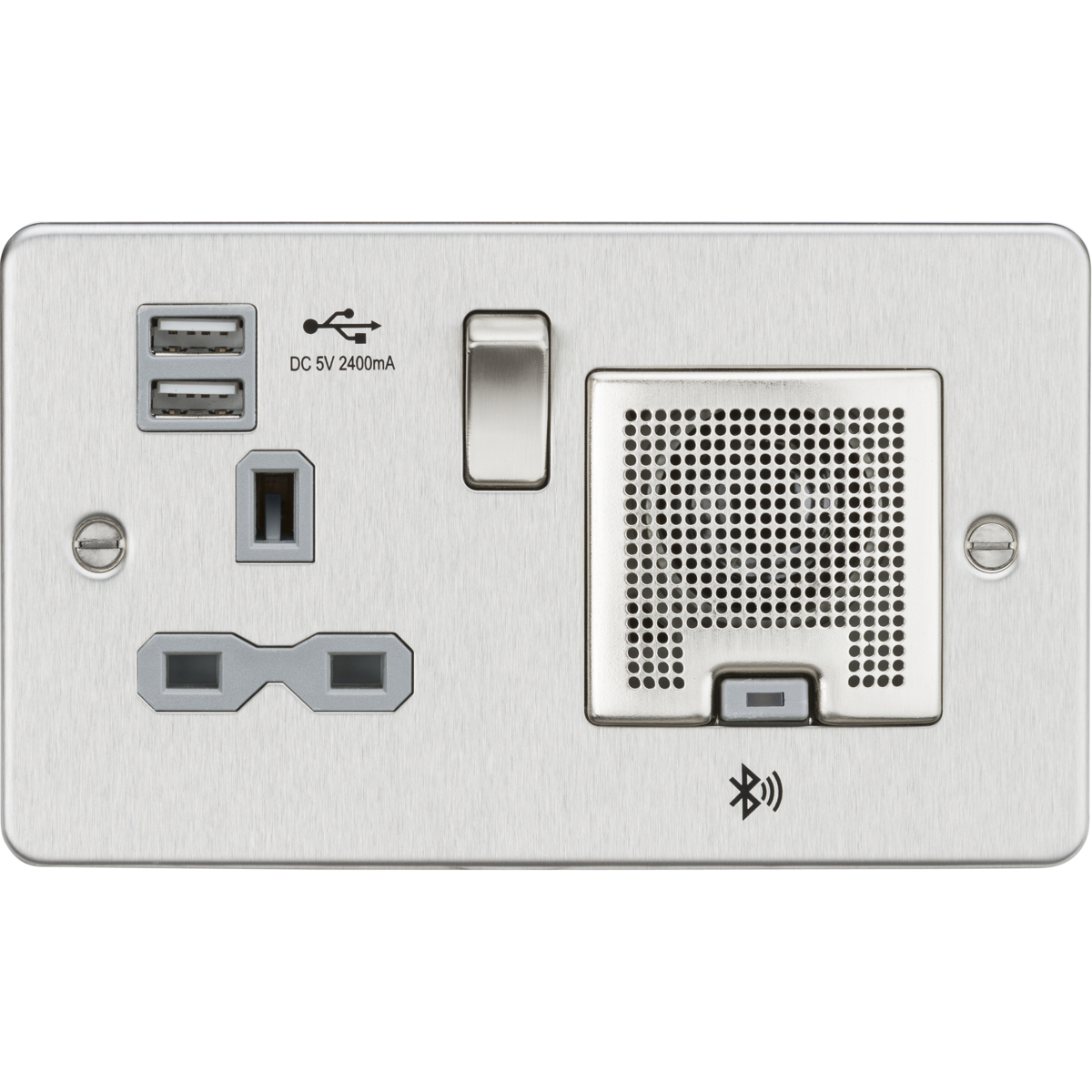 Knightsbridge FPR9905BCG 13A Socket Bluetooth Speaker and Dual USB A+A (5V DC 2.4A shared) Brushed Chrome with Grey Insert