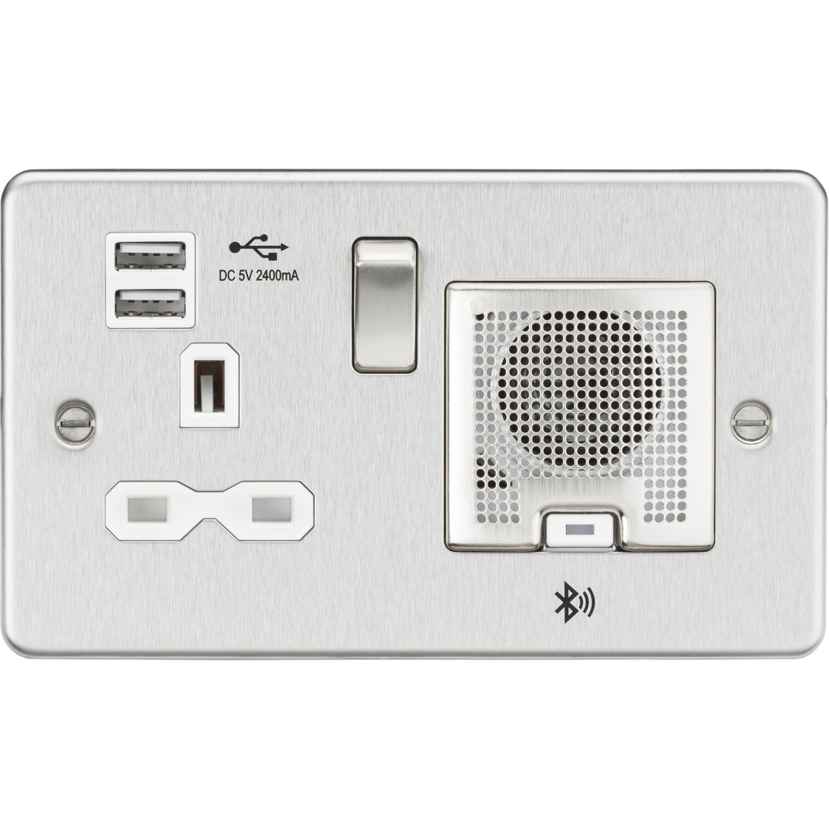 Knightsbridge FPR9905BCW 13A Socket Bluetooth Speaker and Dual USB A+A (5V DC 2.4A shared) Brushed Chrome with White Insert