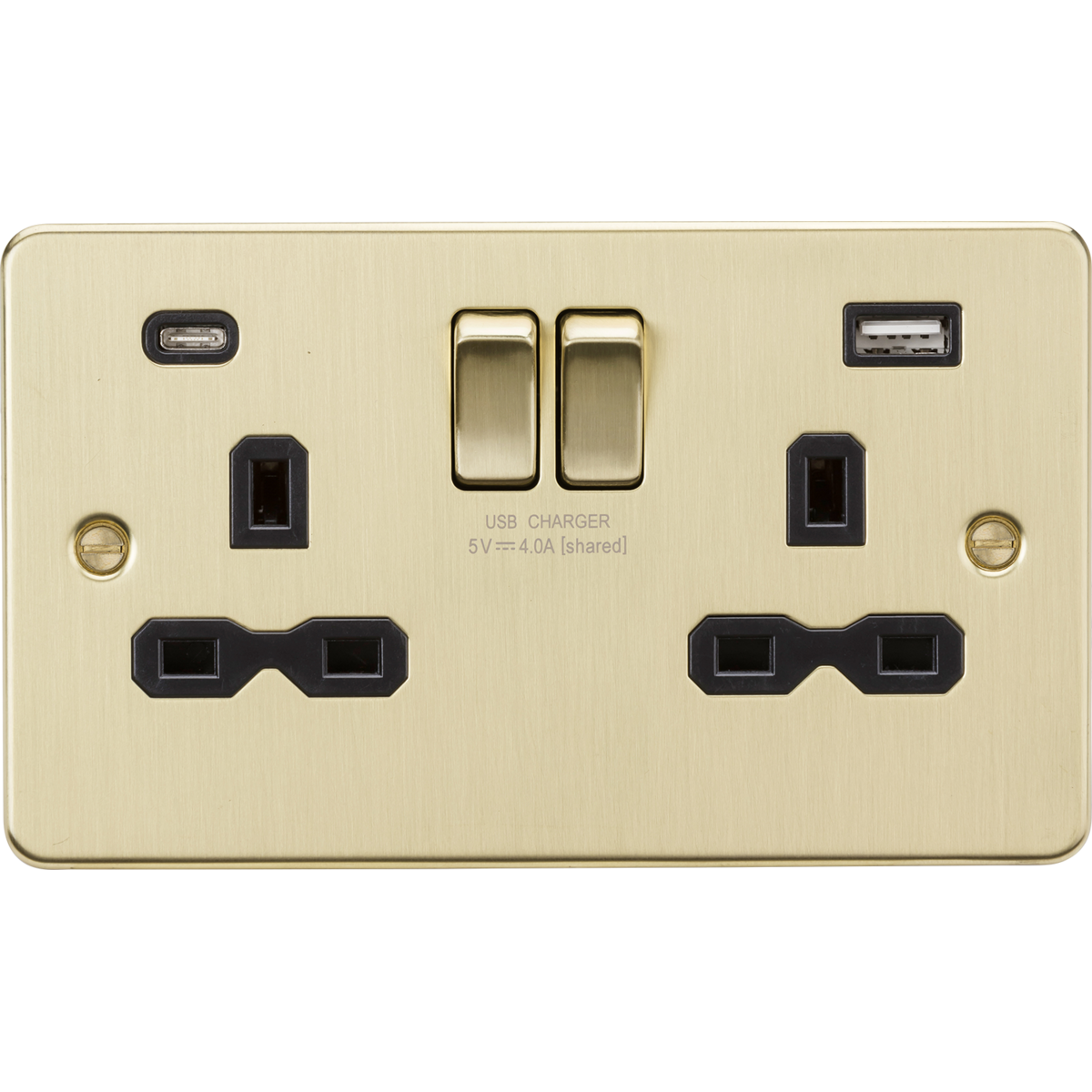 Knightsbridge FPR9940BB 13A 2G SP Switched Socket with Dual USB A+C (5V DC 4.0A shared) Brushed Brass with black Insert