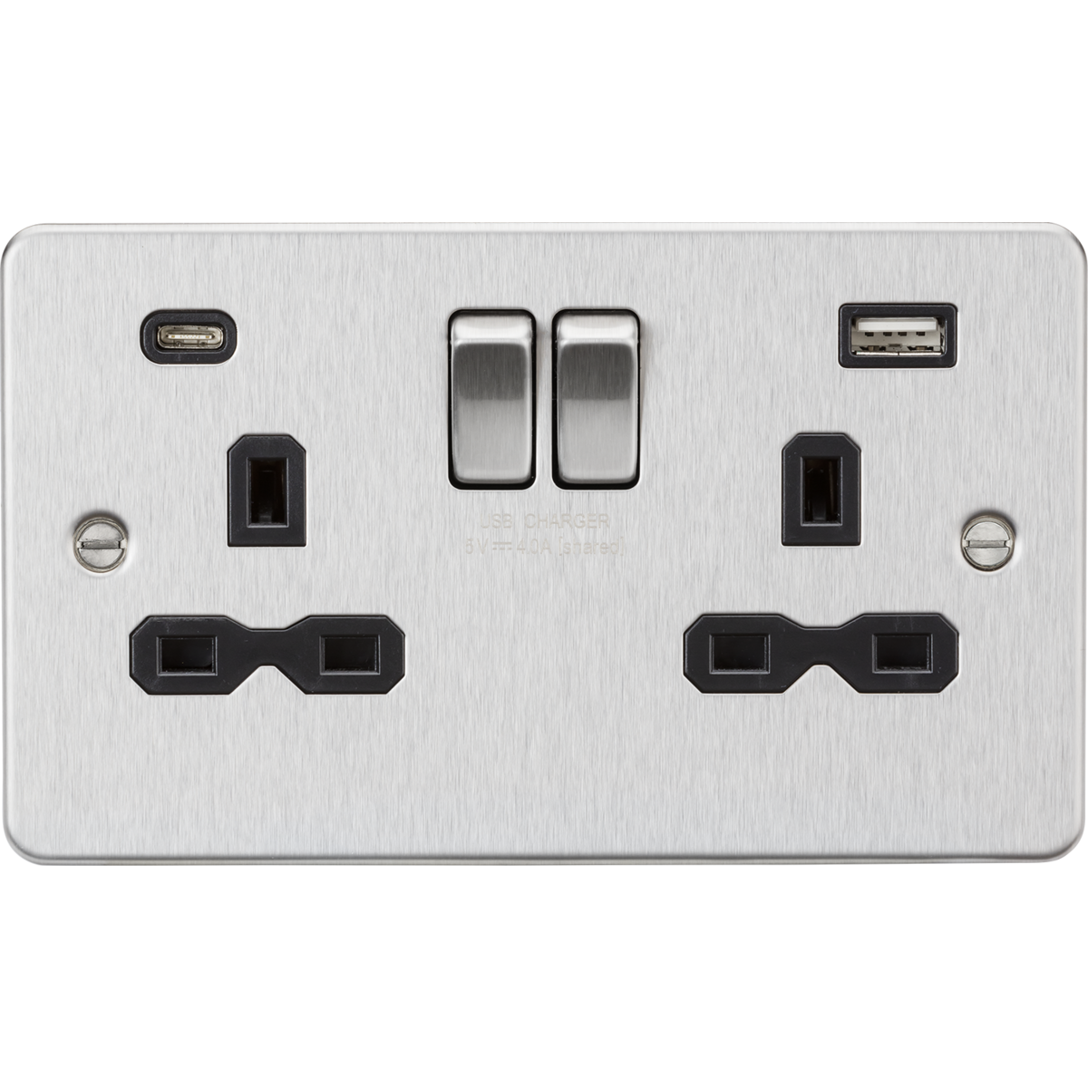 Knightsbridge FPR9940BC 13A 2G SP Switched Socket with Dual USB A+C (5V DC 4.0A shared) Brushed Chrome with Black Insert