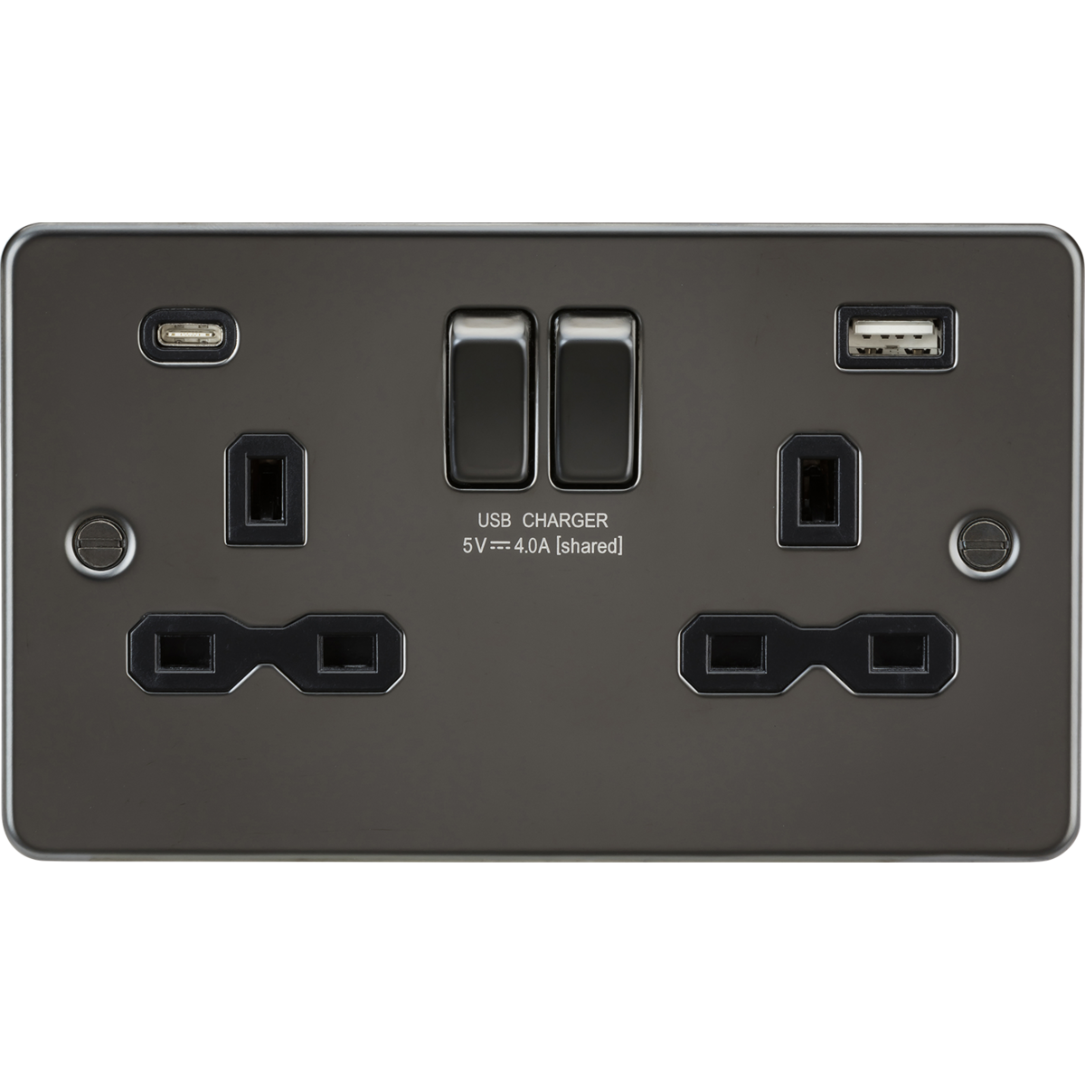 Knightsbridge FPR9940GM 13A 2G SP Switched Socket with Dual USB A+C (5V DC 4.0A shared) Gunmetal with Black Insert
