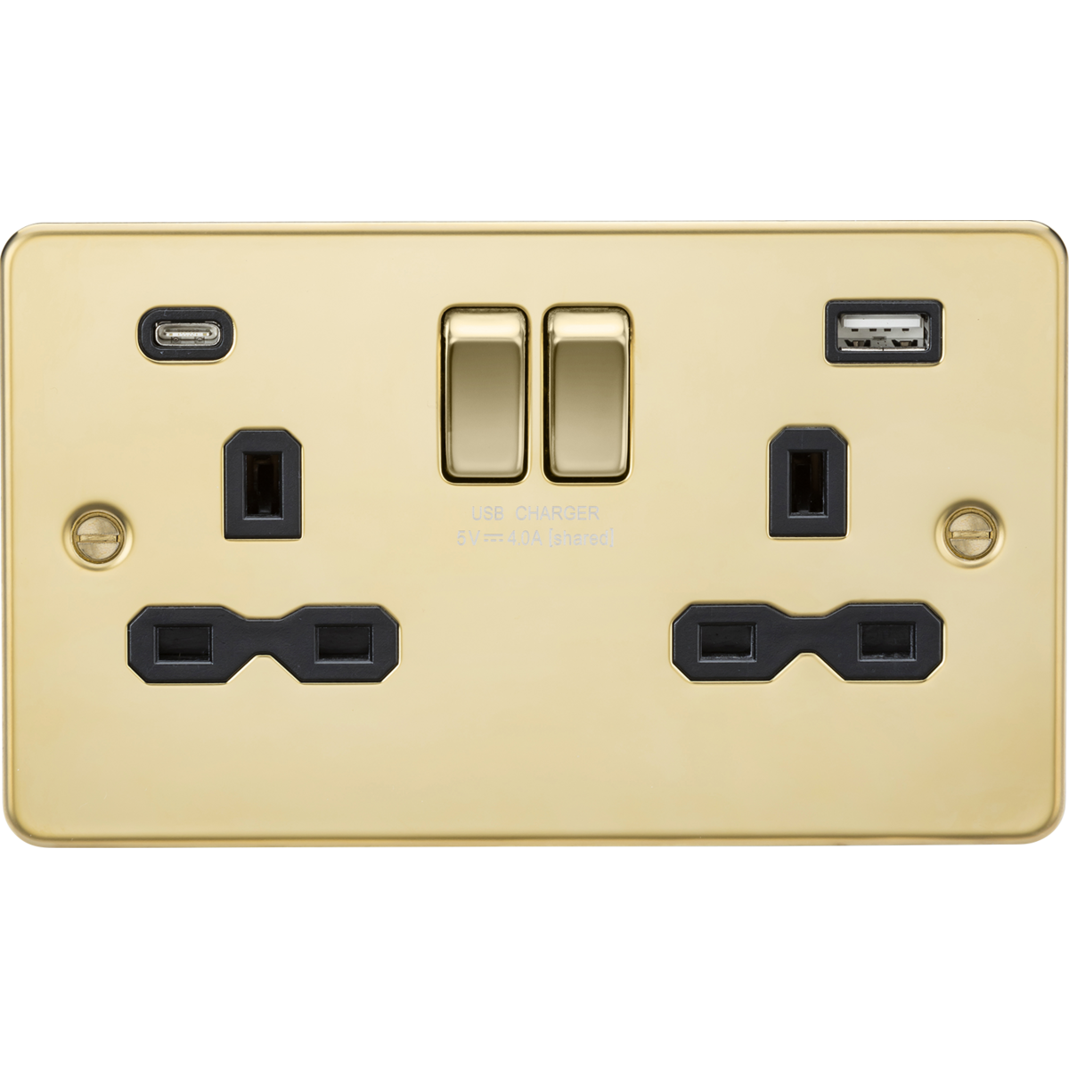 Knightsbridge FPR9940PB 13A 2G SP Switched Socket with Dual USB A+C (5V DC 4.0A shared) Polished Brass with Black Insert
