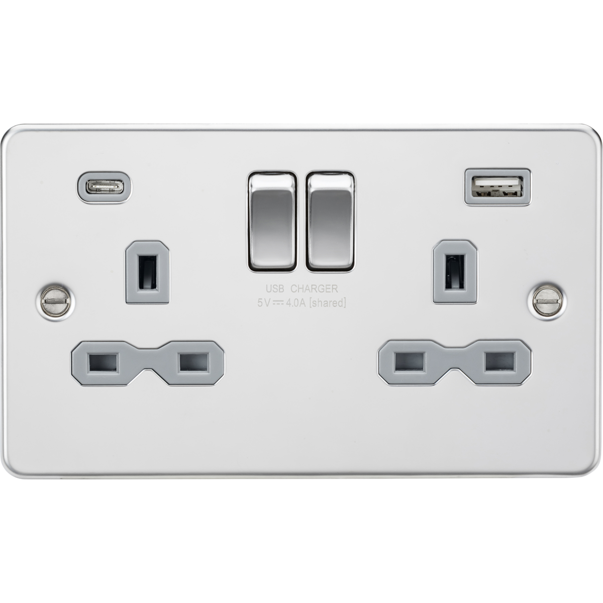 Knightsbridge FPR9940PCG 13A 2G SP Switched Socket with Dual USB A+C (5V DC 4.0A shared) Polished Chrome with Grey Insert