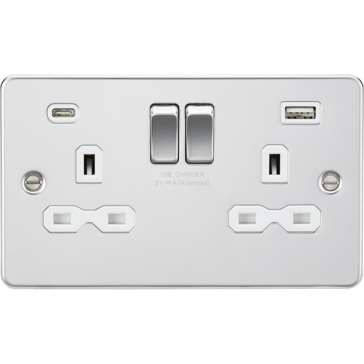 Knightsbridge FPR9940PCW 13A 2G SP Switched Socket with Dual USB A+C (5V DC 4.0A shared) Polished Chrome with White Insert