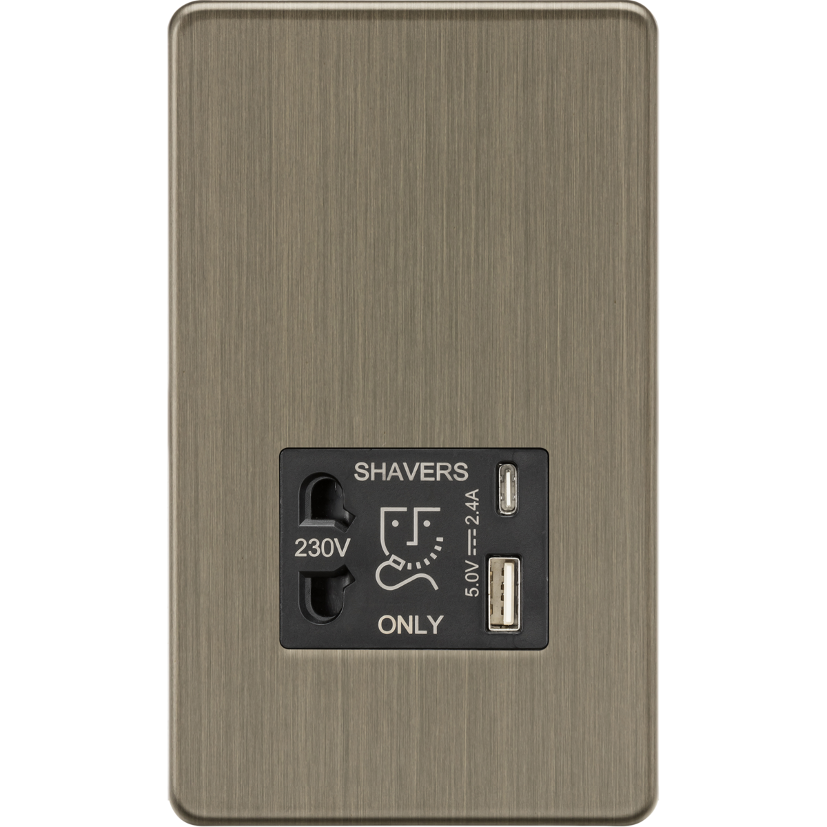 Knightsbridge SF8909AB Shaver socket with dual USB A+C (5V DC 2.4A shared) Antique Brass