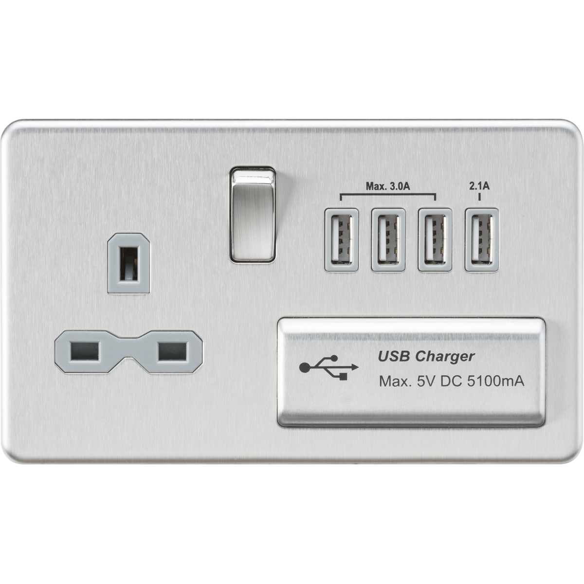 Knightsbridge SFR7USB4BCG 13A Switched Socket with Quad USB-A (5V DC 5.1A shared) Brushed Chrome with Grey Insert