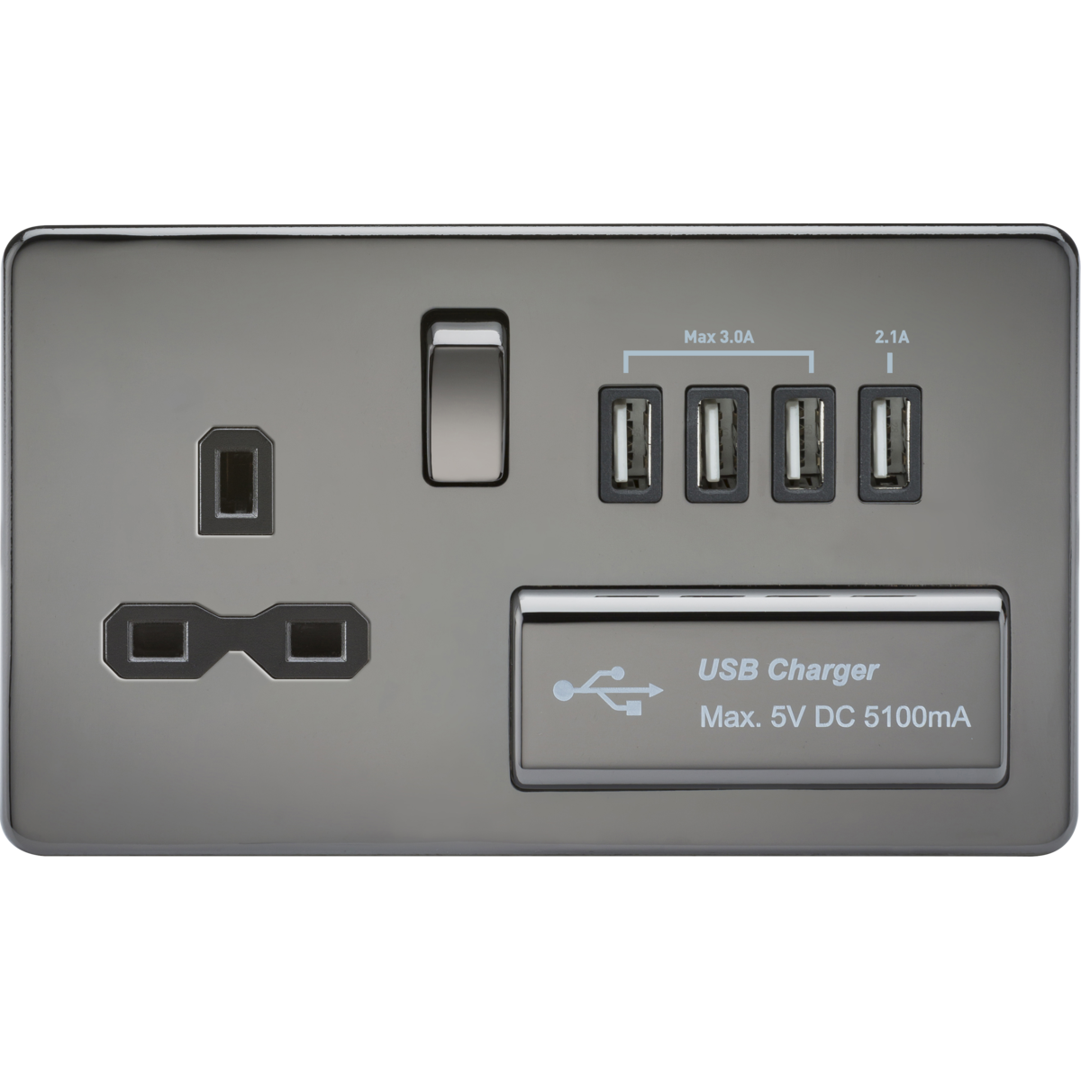 Knightsbridge SFR7USB4BN 13A Switched Socket with Quad USB-A (5V DC 5.1A shared) Black Nickel with Black Insert