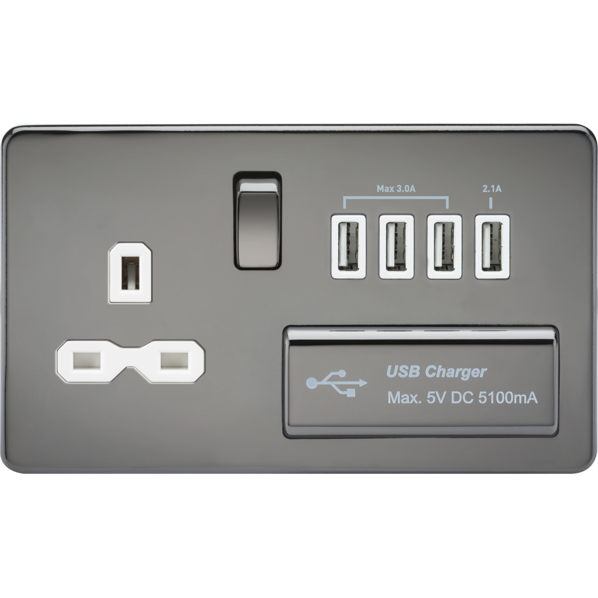 Knightsbridge SFR7USB4BNW 13A Switched Socket with Quad USB-A (5V DC 5.1A shared) Black Nickel with White Insert