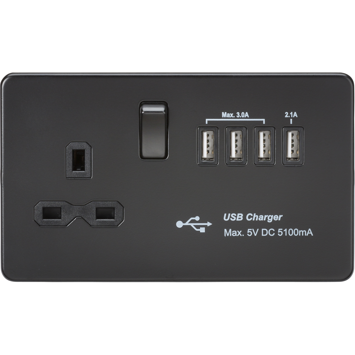 Knightsbridge SFR7USB4MBB 13A Switched Socket with Quad USB-A (5V DC 5.1A shared) Matt Black with Black Insert