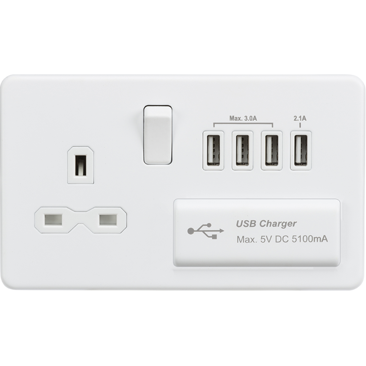 Knightsbridge SFR7USB4MW 13A Switched Socket with Quad USB-A (5V DC 5.1A shared) Matt White with White Insert