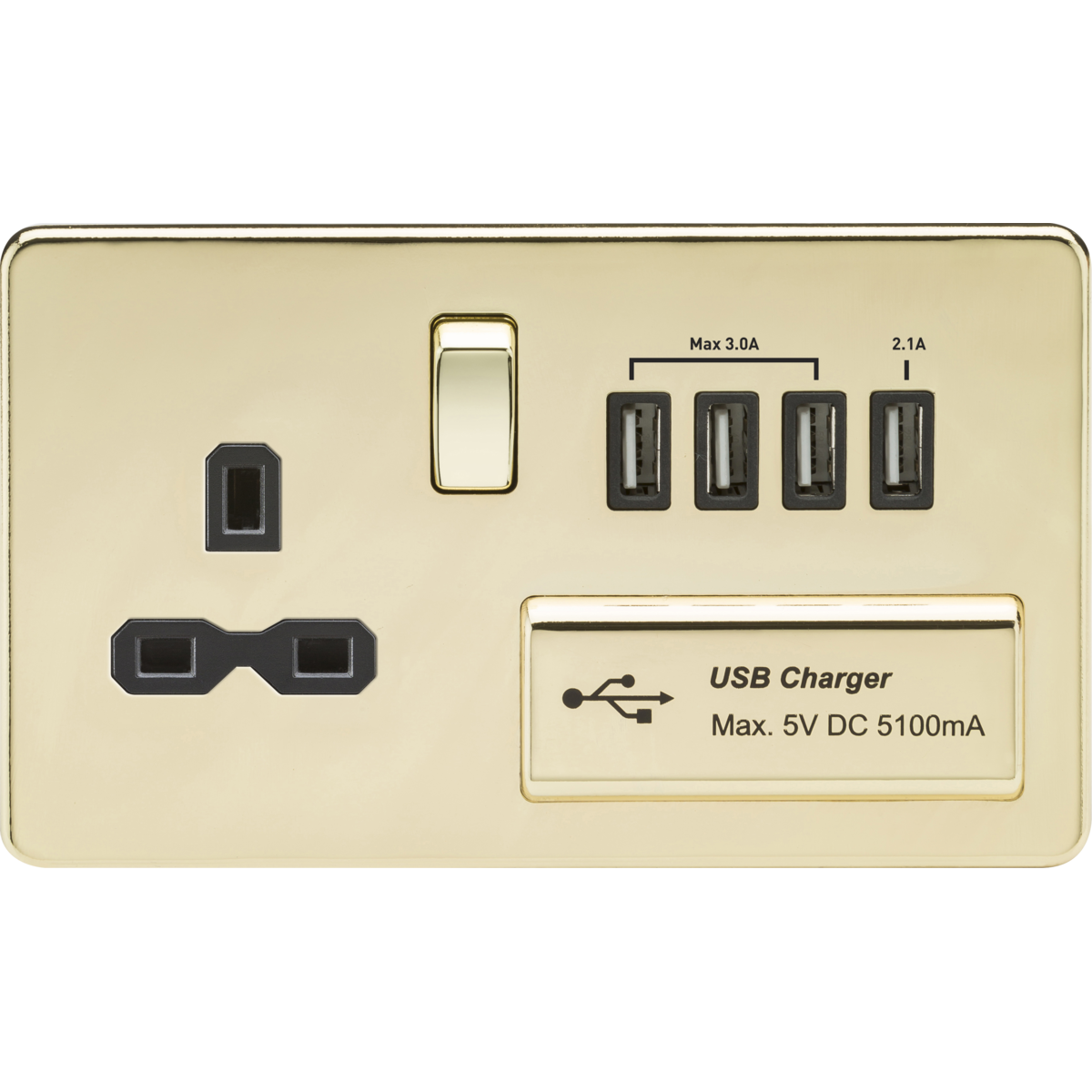 Knightsbridge SFR7USB4PB 13A Switched Socket with Quad USB-A (5V DC 5.1A shared) Polished Brass with Black Insert