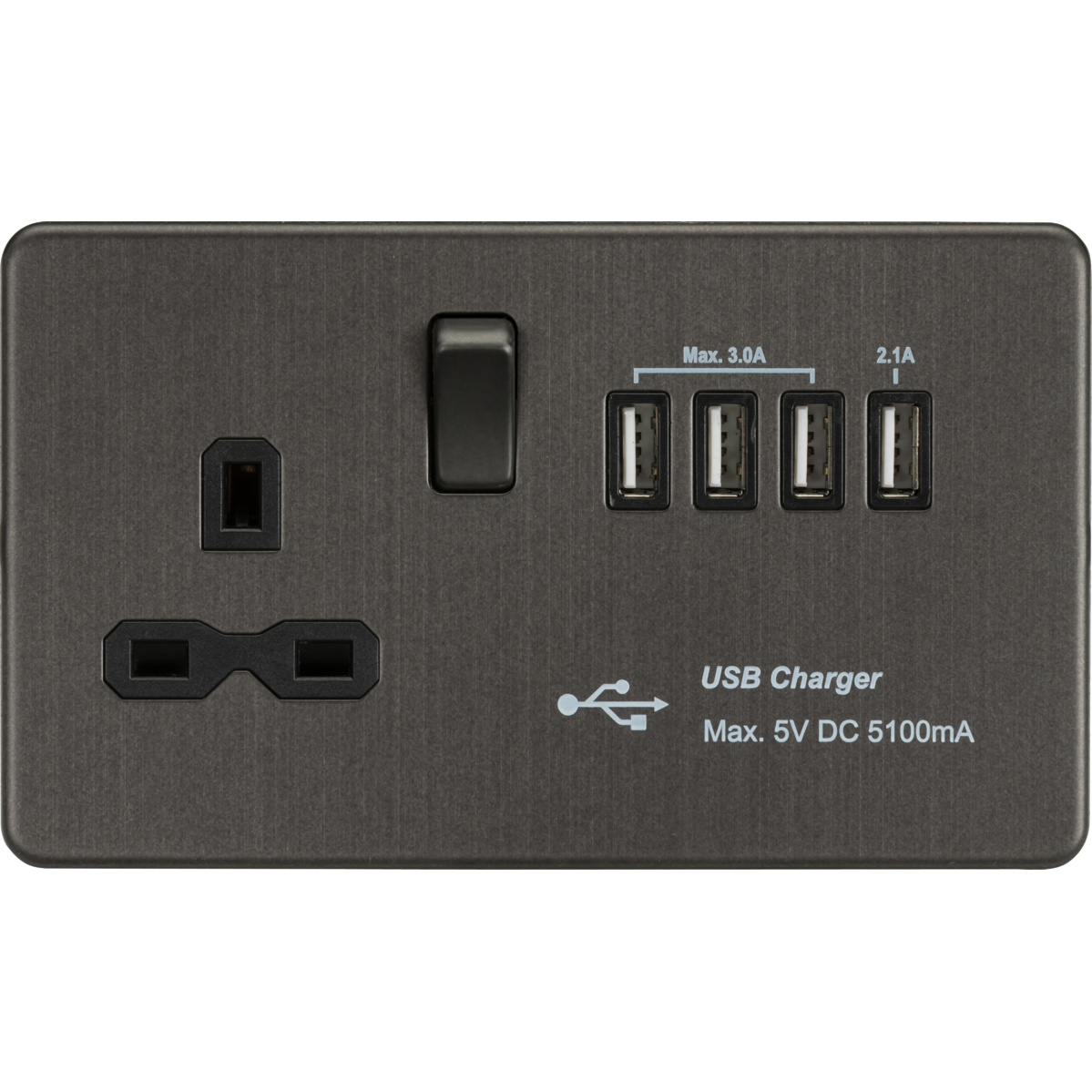 Knightsbridge SFR7USB4SB 13A Switched Socket with Quad USB-A (5V DC 5.1A shared) Smoked Bronze with Black Insert