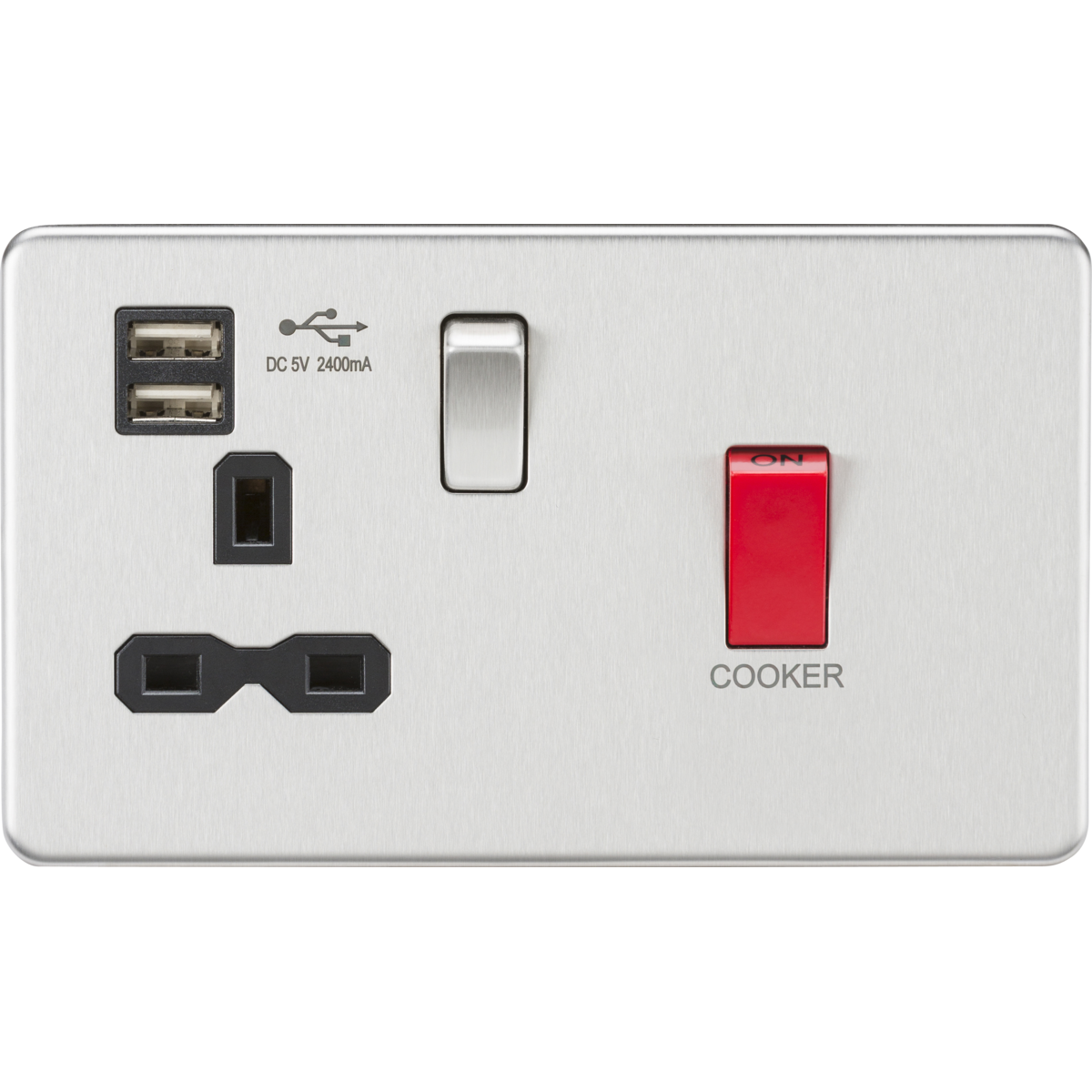 Knightsbridge SFR8333UBC 45A DP Switch & 13A Socket with Dual USB A+A (5V DC 2.4A shared) Brushed Chrome with Black Insert
