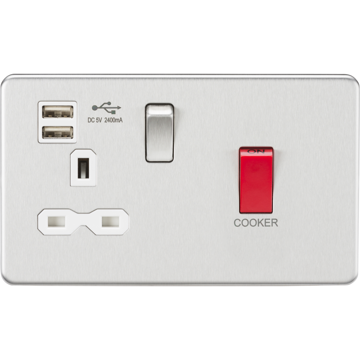 Knightsbridge SFR8333UBCW 45A DP Switch & 13A Switched Socket with Dual USB Charger 2.4A Brushed Chrome with white insert