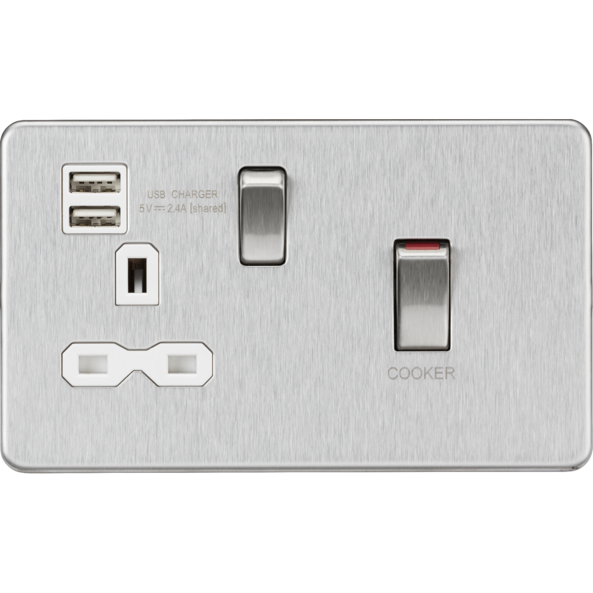 Knightsbridge SFR83UMBCW 45A DP Switch & 13A Socket with Dual USB A+A (5V DC 2.4A shared) Brushed Chrome with White Insert