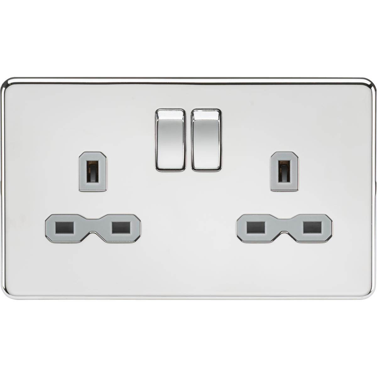 Knightsbridge SFR9000PCG 13A 2G DP Switched Socket with Twin Earths Polished Chrome with Grey Insert
