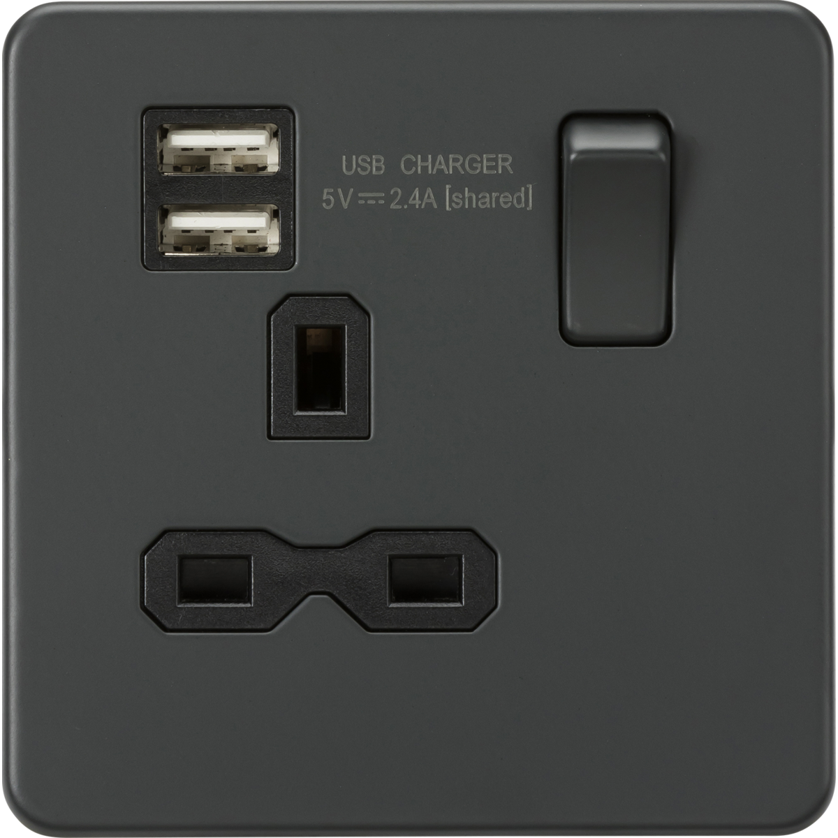 Knightsbridge SFR9124AT 13A 1G SP Switched Socket with Dual USB A+A (5V DC 2.4A shared) Anthracite with Black Insert